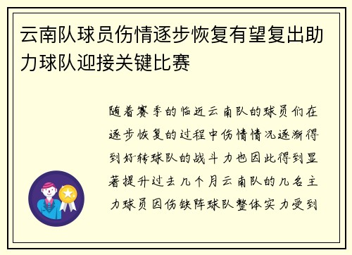 云南队球员伤情逐步恢复有望复出助力球队迎接关键比赛