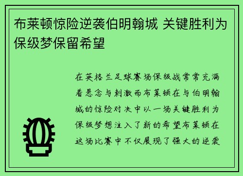 布莱顿惊险逆袭伯明翰城 关键胜利为保级梦保留希望