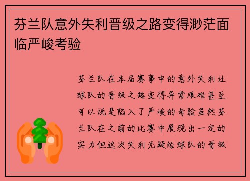 芬兰队意外失利晋级之路变得渺茫面临严峻考验