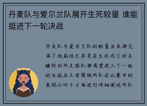 丹麦队与爱尔兰队展开生死较量 谁能挺进下一轮决战