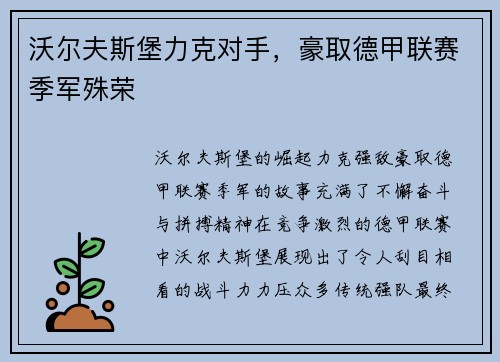 沃尔夫斯堡力克对手，豪取德甲联赛季军殊荣
