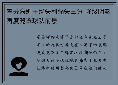 霍芬海姆主场失利痛失三分 降级阴影再度笼罩球队前景