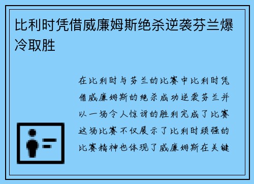比利时凭借威廉姆斯绝杀逆袭芬兰爆冷取胜 